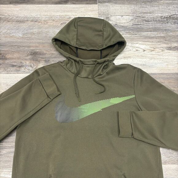 Nike Hoodie Therma Training Army Green Mens M Big Swoosh Dri Fit Funnel Neck - Picture 1 of 10